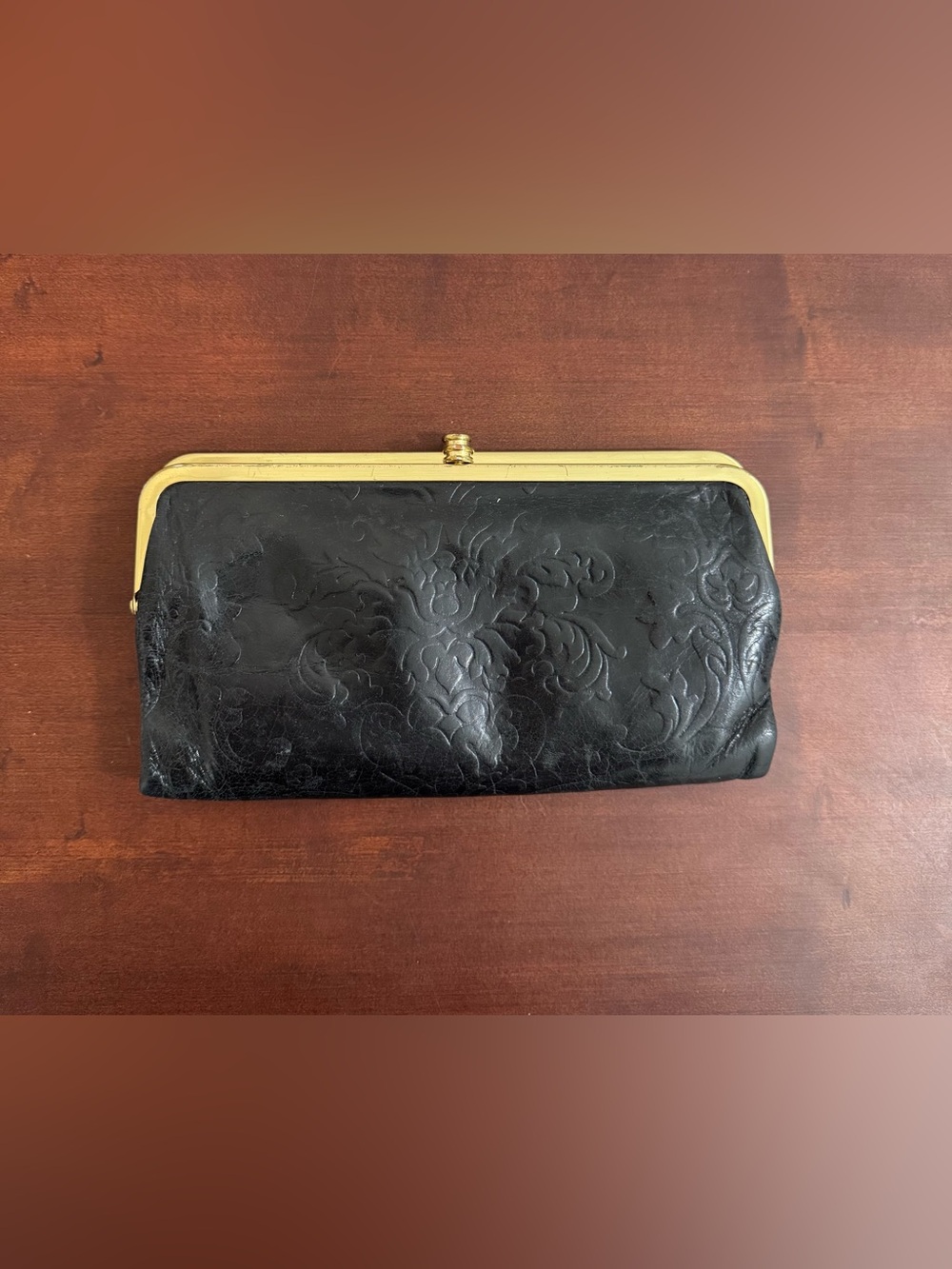 Hobo international Embossed Black Clutch Wallet with Gold Frame